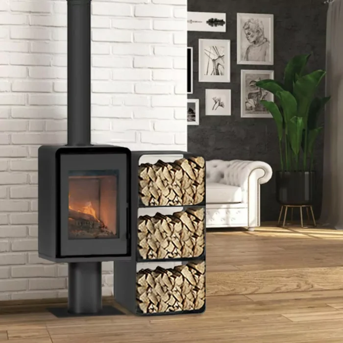 Poêle à bois ETNA Domino avec pied et range bûches 3 étages - 8.5 Kw