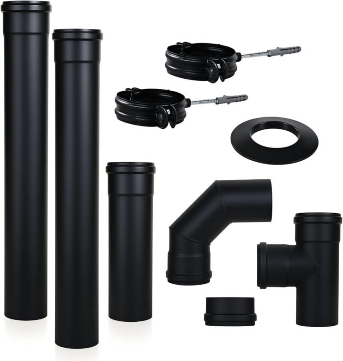 Kit d'évacuation de fumée San Marco pour poêle à granulés, sécurité renforcée, moderne, diamètre 80 mm, acier verni noir – Image 1